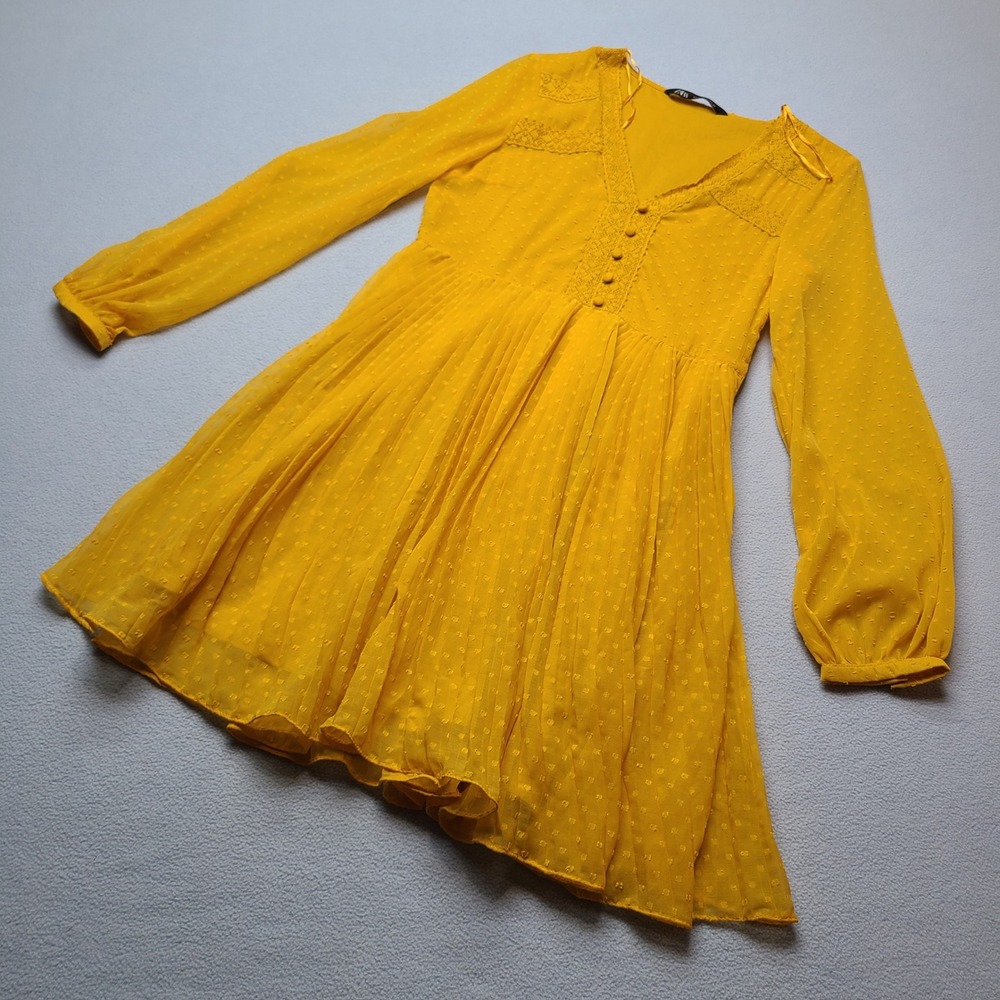Zara Mini Dress Womens XS Yellow Excellent Long Sleeve Swiss Dot Lace Trim
